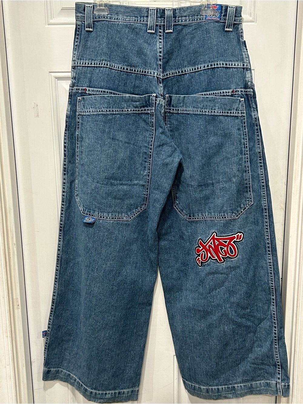 JNCO Jeans Scoops Red Graffiti Patch Wide Leg Denim 33x30 Rare USA Made Vintage